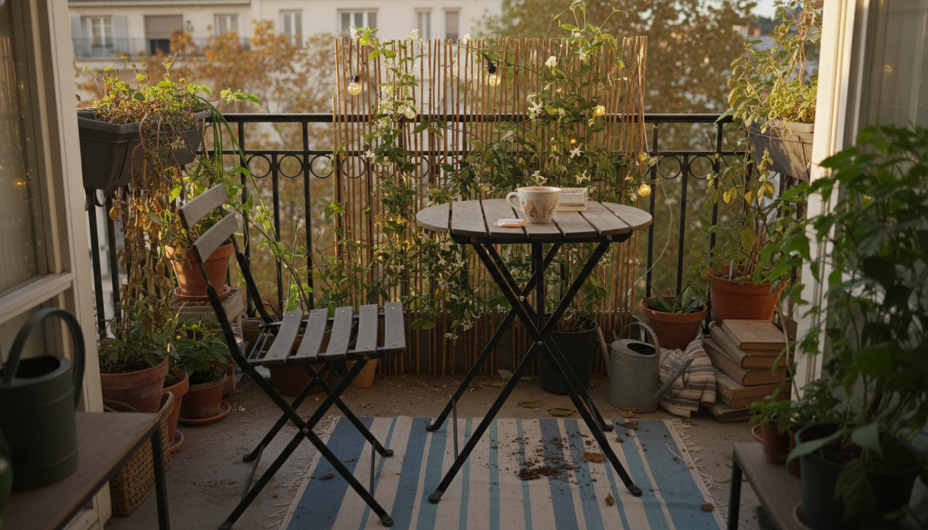 Balcon de 2 m² en location aménagé avec chaise pliable, treillis végétal et guirlande solaire