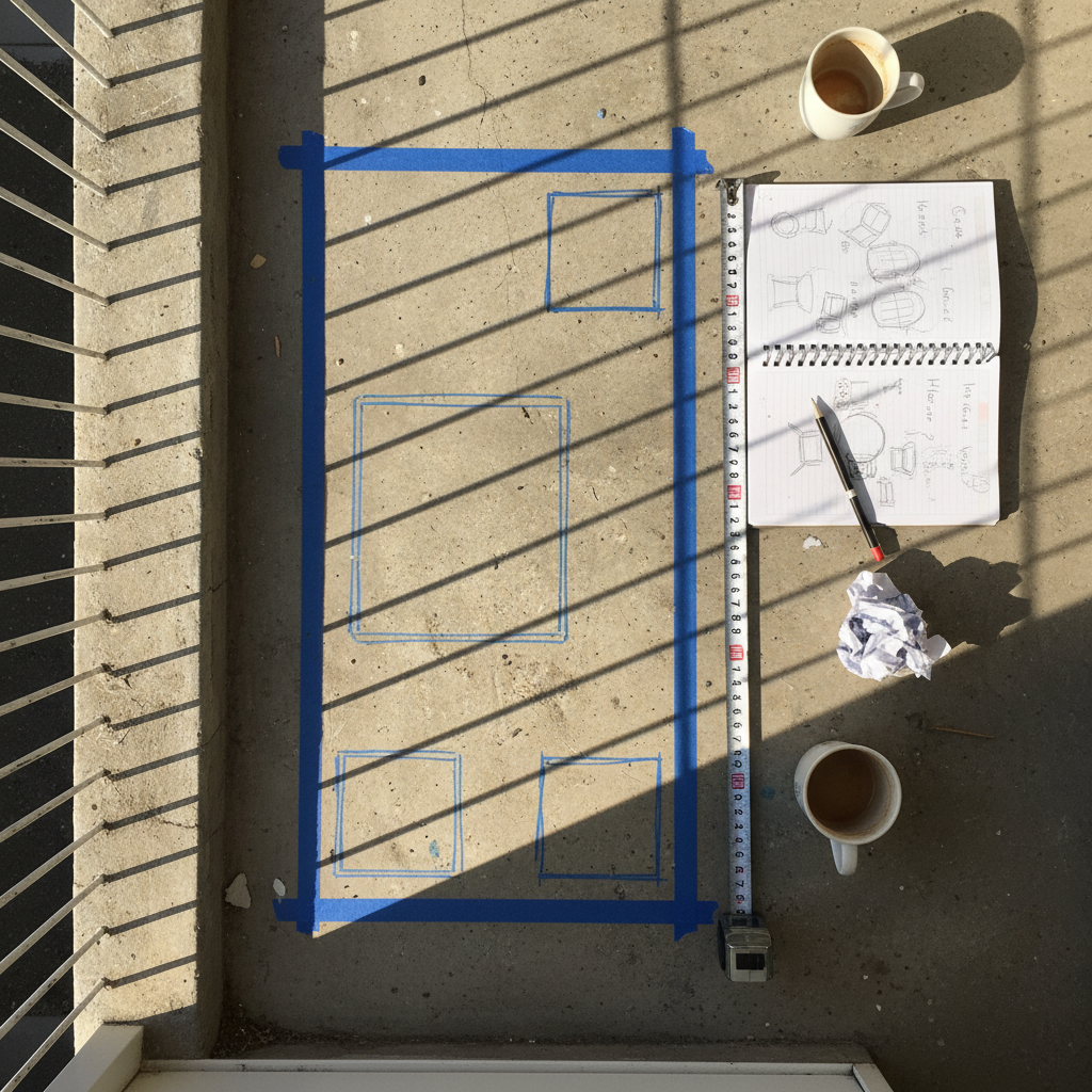 Simulation de l'emprise mobilier au scotch de peintre sur un balcon de 2 m²
