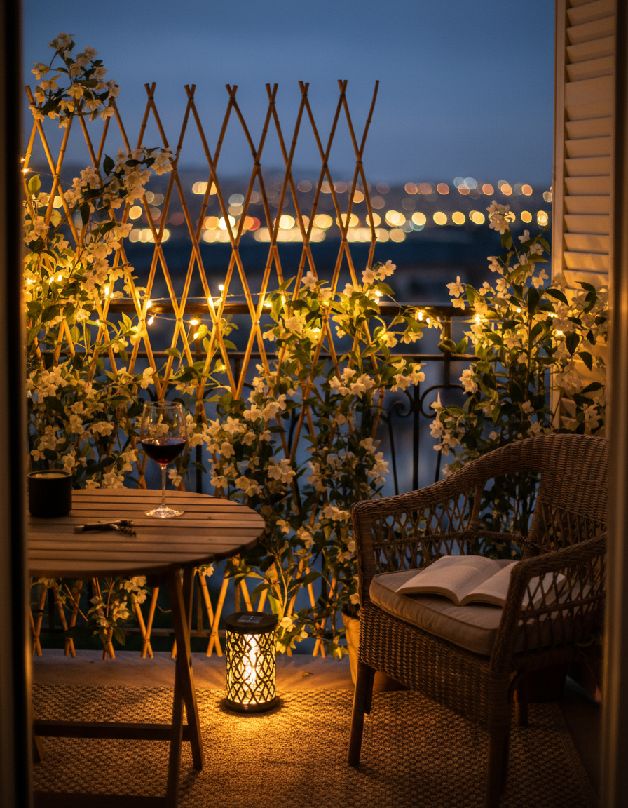 Balcon de 2 m² le soir avec éclairage solaire guirlande et lanterne, ambiance chaleureuse