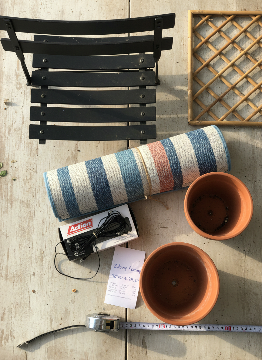 Bilan des achats pour aménager un balcon de 2 m² : mobilier pliable, tapis outdoor, éclairage solaire