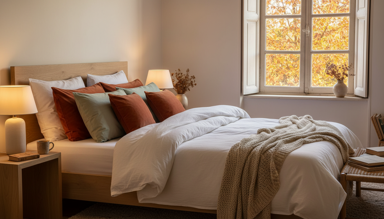Chambre cocooning automne avec linge de lit blanc cassé, coussins terracotta et plaid tricoté beige