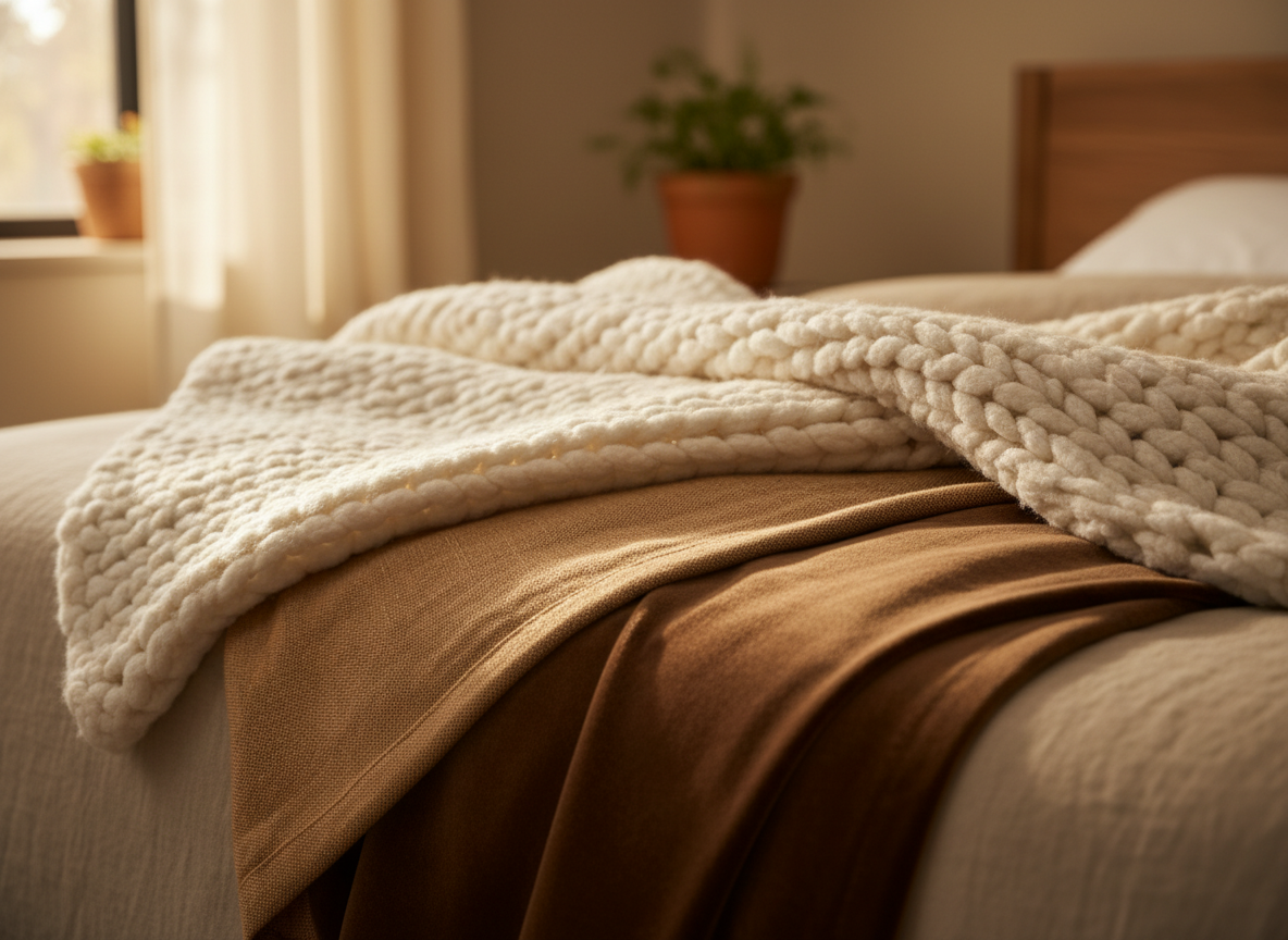 Superposition de trois plaids aux textures différentes sur un lit cocooning automne