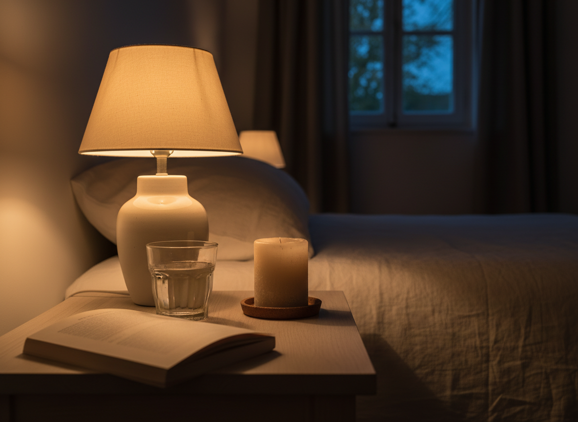 Table de chevet cocooning avec lampe céramique allumée et bougie, ambiance soirée d'automne