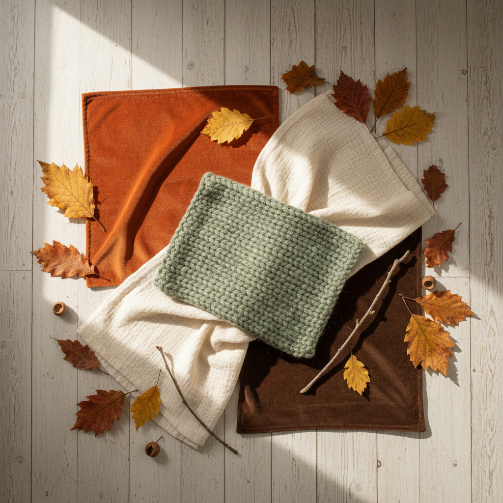 Palette de couleurs cocooning automne : swatches terracotta, vert sauge, blanc cassé et brun noisette