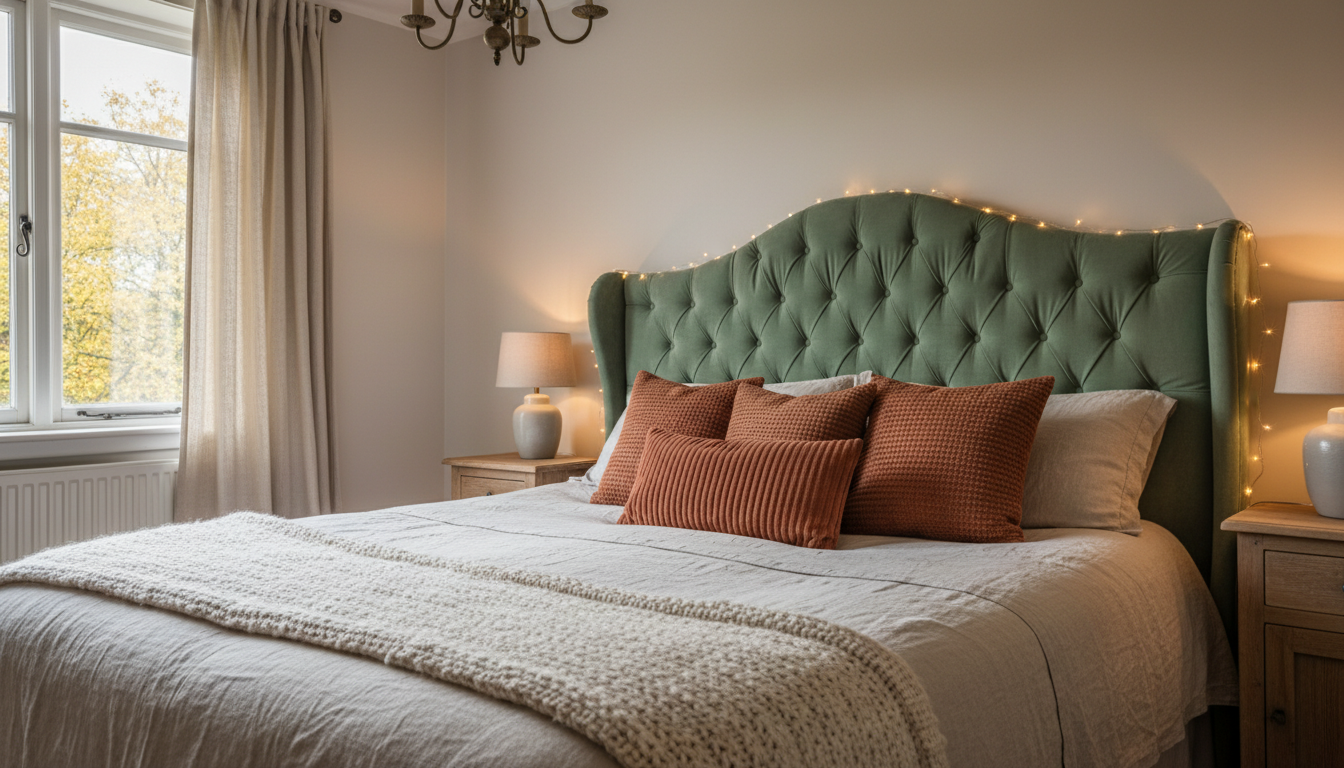 Tête de lit DIY rembourrée en velours vert sauge avec guirlande lumineuse, chambre cocooning automne