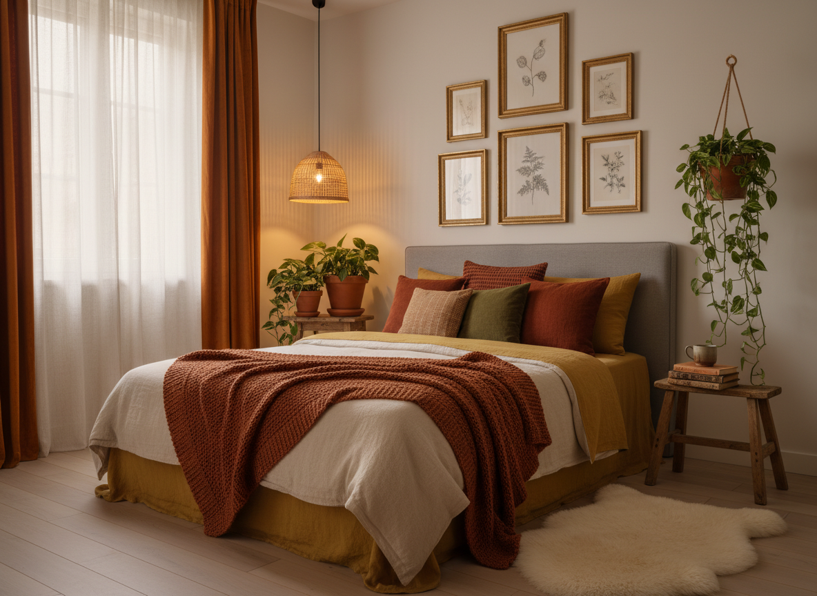 Petite chambre de 12 m² transformée en nid cocooning pour l'automne avec un budget maîtrisé