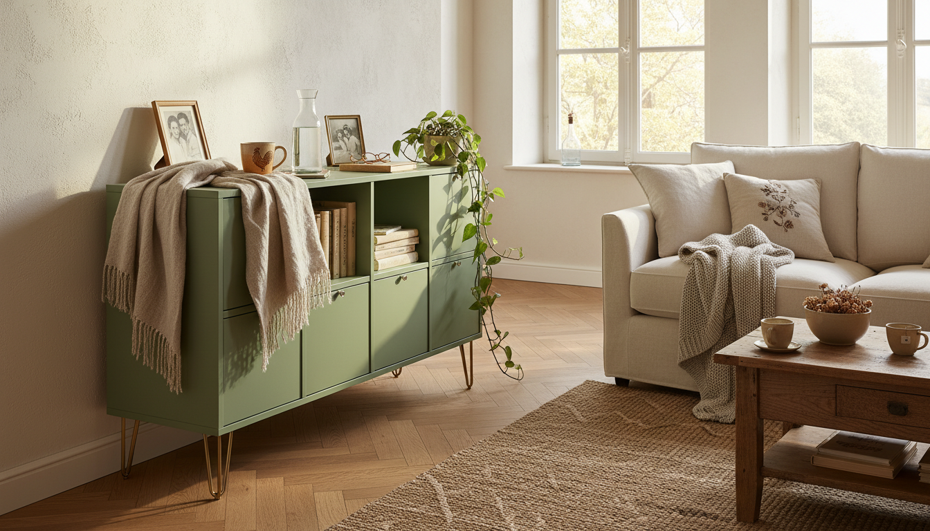 Kallax IKEA hacké peint en vert sauge avec pieds épingles dorés dans un salon de maison ancienne