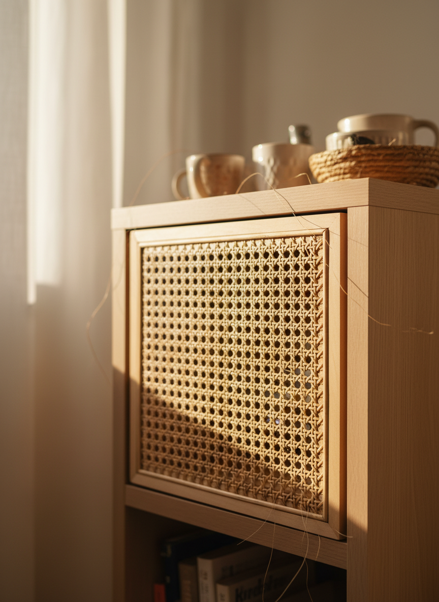 Insert cannage naturel sur façade Kallax — hack DIY fait maison