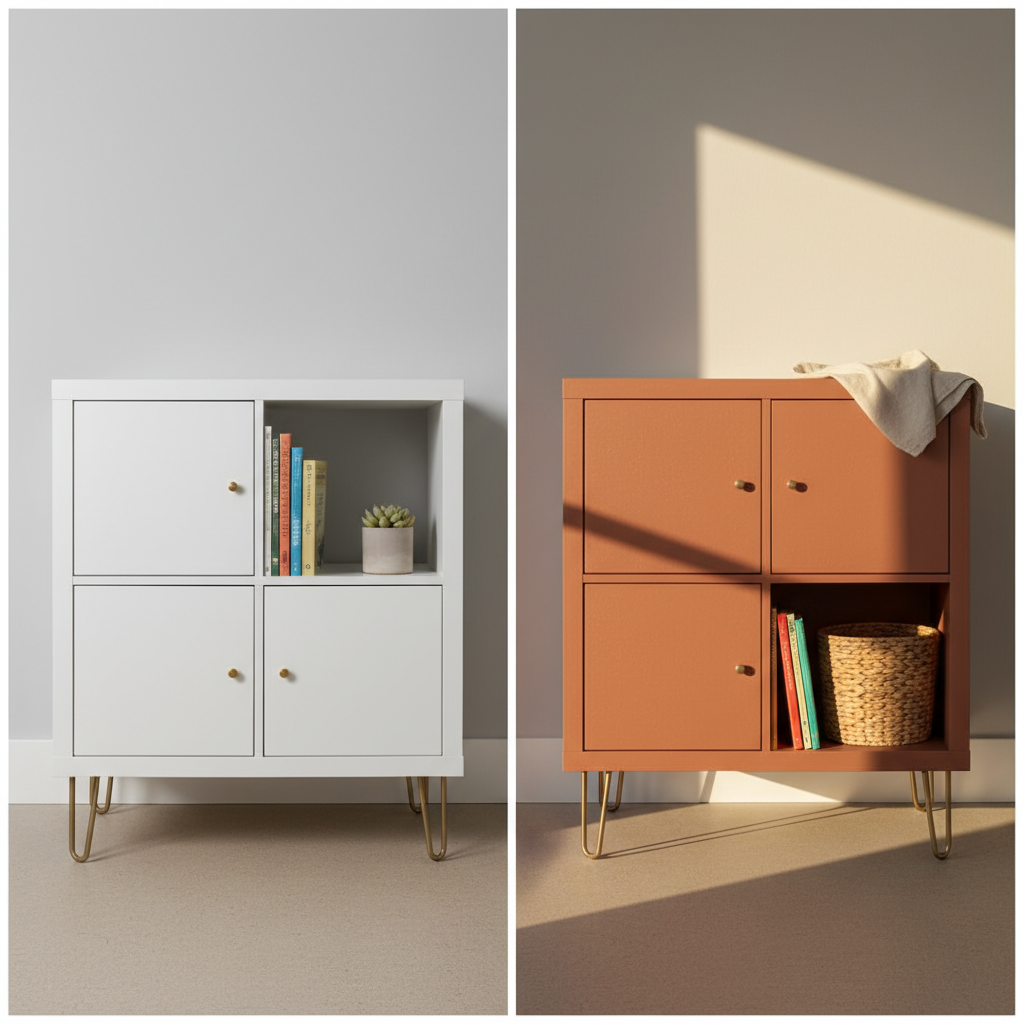 Avant-après Kallax IKEA : blanc basique vs. hacké terracotta avec pieds dorés et poignées laiton