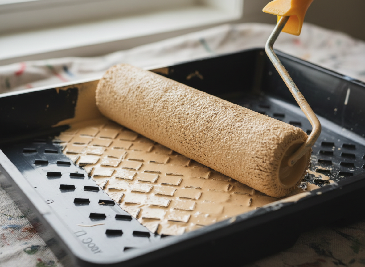 Gros plan d'un rouleau de peinture sur la grille d'un bac pour doser la quantité correcte