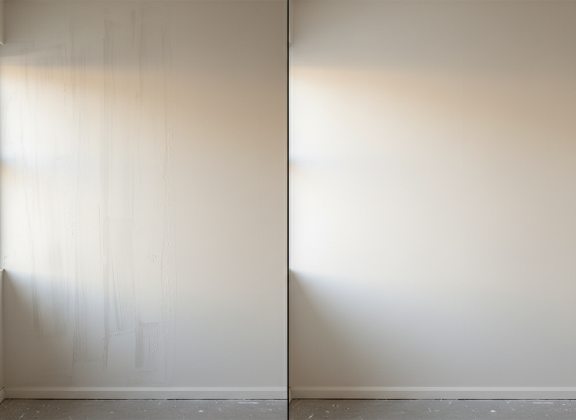 Comparaison mur avec traces de rouleau versus mur lisse après technique correcte