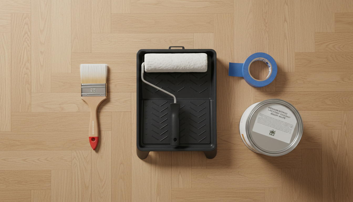 Flat lay des outils pour peindre un mur : rouleau, bac, pinceau, scotch de masquage et pot de peinture